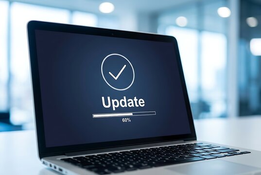 Laptop computer showing software update progress bar on screen with check mark icon as concept of system maintenance and computer optimization for modern office.