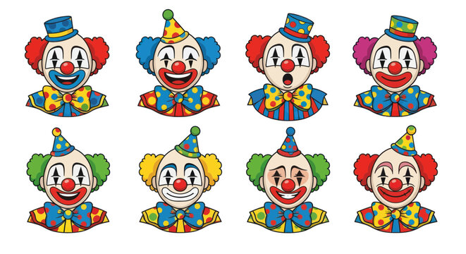 Colorful cartoon clown faces smiling.