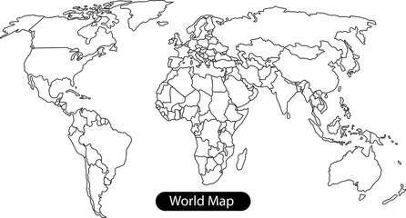 Simple black and white outline world map drawing isolated on transparent background © kalam
