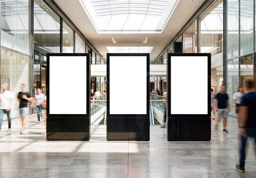 Three vertical billboards in bright modern shopping center Mockup. Generative ai