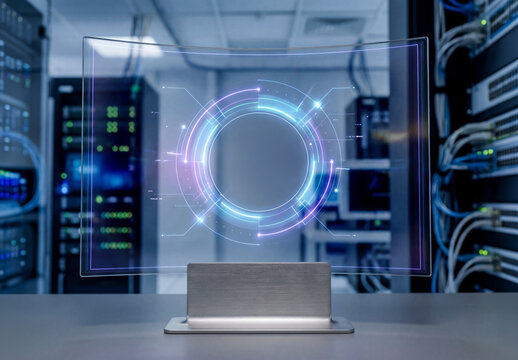 Futuristic holographic display stand for a logo Mockup in modern dark interior. Blue and purple colors. Generative ai