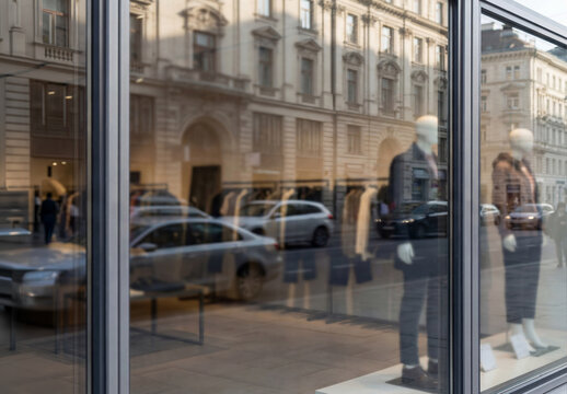 Close-up on a window glass of a clothing store for a logo Mockup. Generative ai