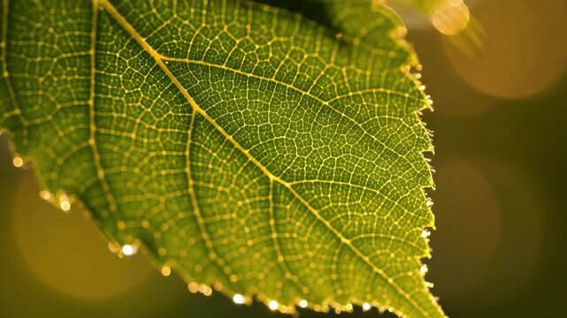 Macro shot of a green leaf backlit by golden hour sunlight, highlighting intricate vein structures and organic textures, perfect for nature themes.