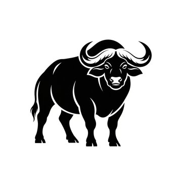 African buffalo bull silhouette, powerful wild animal illustration, mascot design, vector graphic of a cape buffalo standing, strong bovine character, isolated on white background