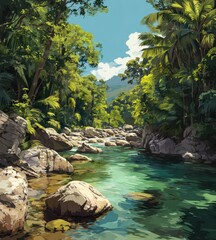 Fototapeta premium creek in the jungle green nature landscape illustration