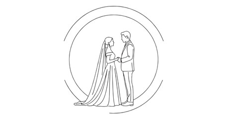 Obraz premium Elegant Wedding Couple Romantic Marriage Line Art Illustration