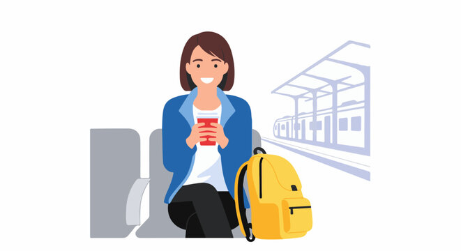 Person with yellow backpack waits for train at station