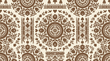 Ornate damask textile pattern with vintage floral motifs in warm brown tones. © izzstudio