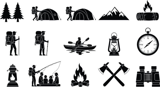 Camping icons depict various outdoor adventure activities including hiking, fishing, and setting up tents in nature.