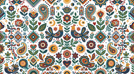 Colorful folk art floral pattern with birds for textile, wallpaper, and decorative designs across fabrics and backgrounds.