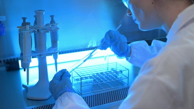 Female scientist in a lab coat and safety goggles using a pipette to transfer liquid samples inside a sterile biosafety cabinet.