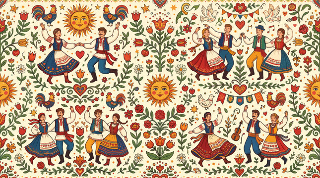 Colorful Folk Dance Pattern with Sun Motifs and Floral Borders for Textile Design.