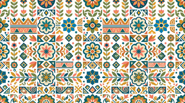 Colorful geometric tile pattern with intricate Moroccan inspired motifs and repeating squares.