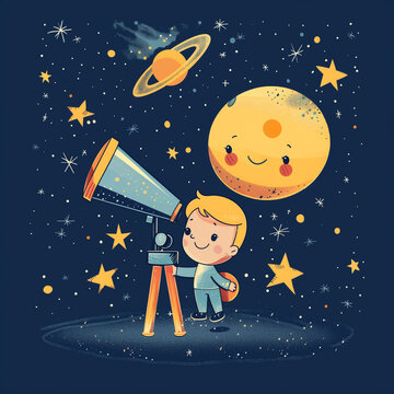 dibujo infantil de ni&ntilde;o en pijama mirando el cielo estrellado con telescopio