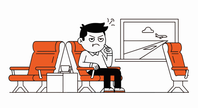 Frustrated businessman waiting for delayed flight information.