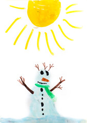 Child drawing of a snowman and a sun