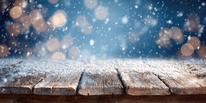 Snowy wooden table with bokeh background. Snowflakes falling, holiday feel
