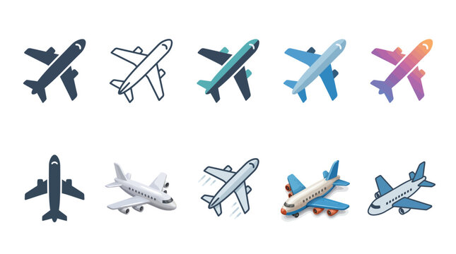 Multiple airplane icons featuring various design styles including flat outlines and detailed three dimensional isometric models