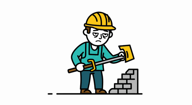 Cartoon construction worker holding hammer and trowel.