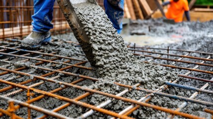 Naklejka premium Concrete Pouring Process at Construction Site with Workers Handling Equipment and Tools for Modern Building Project
