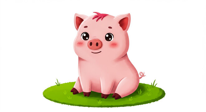 Cute cartoon little pig sitting on green grass
