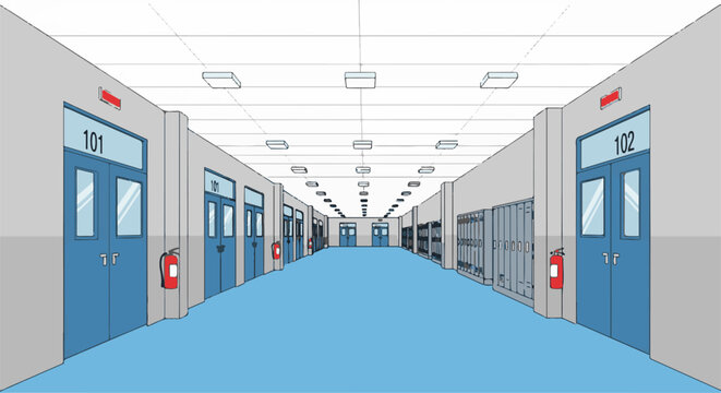 Perspective view down a school hallway with blue doors and lockers