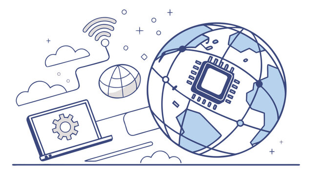 Vector illustration of a global technology network with a digital earth globe microchip laptop, technology