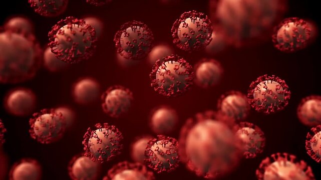 Virus cells flowing. Viral disease global pandemic outbreak. Hepatitis, influenza, H1N1, Flu, aids, 2019-nCov COVID-19 novel coronavirus. Microscope virus macro close up. 3d render 4k loop background