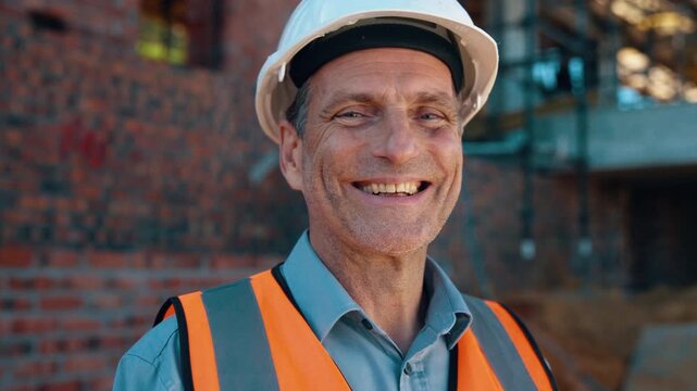 Construction, face and hardhat with man outdoor for project management or property development. PPE, safety and smile with mature developer on building site for architecture or civil engineering