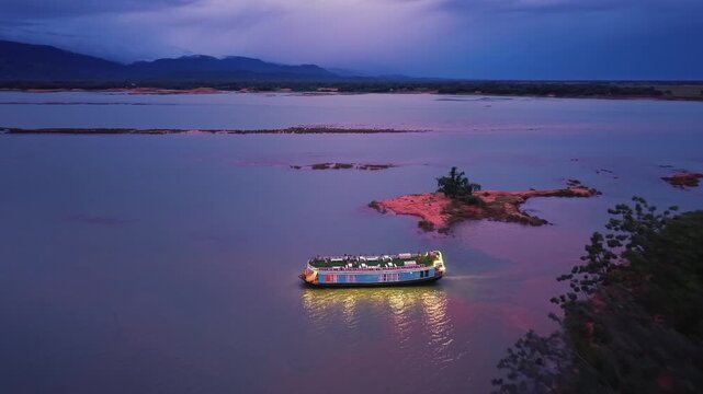 Aerial view of a brightly lit houseboat on the calm waters of Tanguar Haor at dusk with lush greenery and distant mountains in Sunamganj District, Sylhet Division, Bangladesh.