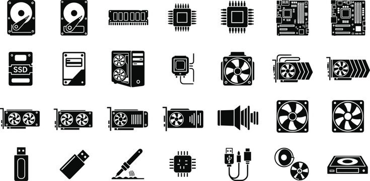 Computer Hardware Components Icon Set with CPU, GPU, RAM, SSD, and Motherboard Symbols for Technology and PC Building Designs