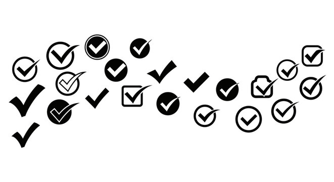 Diverse black check mark icon set in a dynamic wave pattern