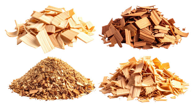 Four piles of different types of wood chips; light, dark, fine, coarse