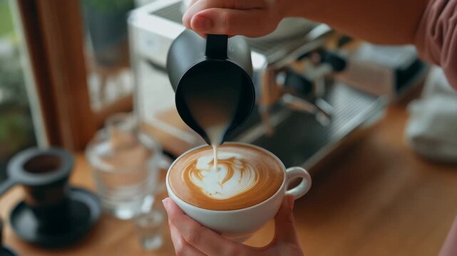 barista pouring milk to make coffee latte art. b-roll footage video 4k. cafe business shop.
