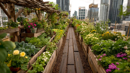 Obraz premium urban rooftop garden with vegetables and flowers