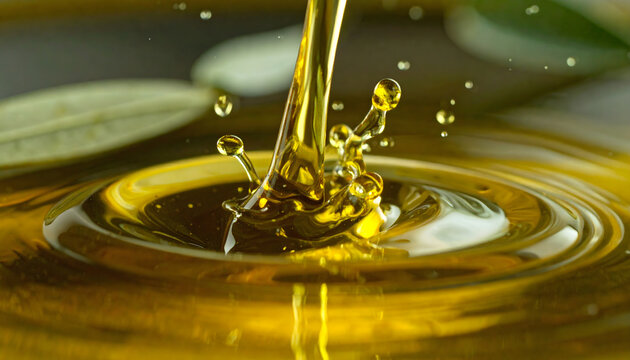 Olive oil pouring with macro splash rich golden texture healthy cooking ingredient close up