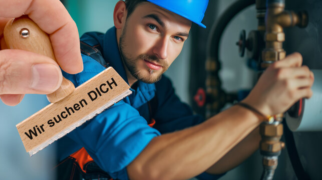 Ein Holzstempel ist beschriftet mit dem Aufdruck: Wir suchen DICH &uuml;ber dem Bild eines Installateur bei der Arbeit - FOTOMONTAGE