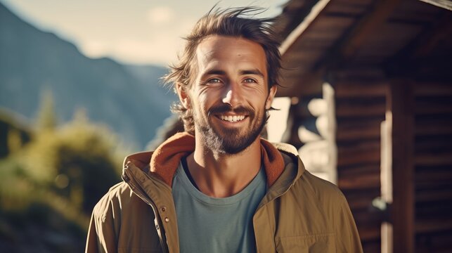 Portrait von einem attraktiven Mann in sportlicher Kleidung beim Wandern in den Bergen, mit KI generiert