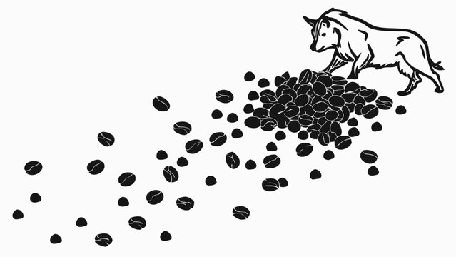 Vector illustration of a bull running among scattered coffee beans with caffeine beverage illustration