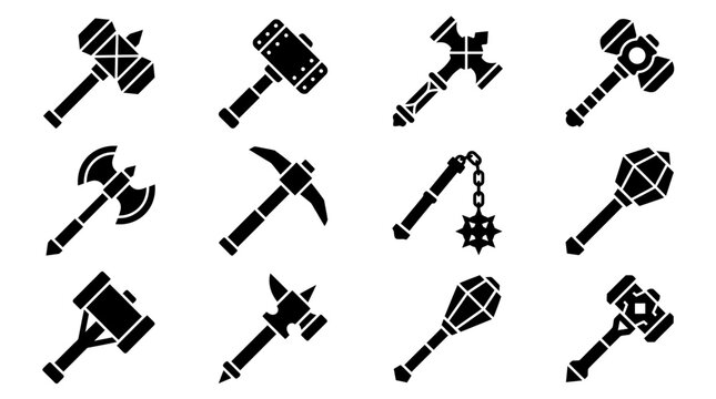 Set of Medieval Weapon Icons Featuring Various Hammers and Maces