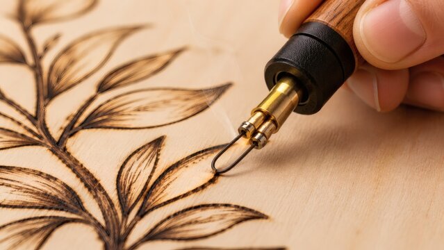 Person using wood burning tool to create leaf design on wood  