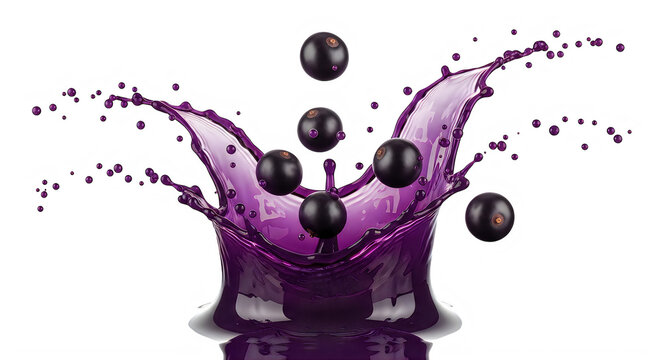 Elderberries splashing in purple juice isolated on transparent background