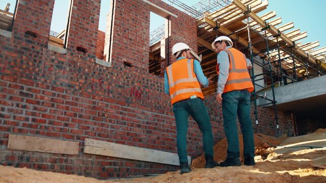Back, men and talk with engineer at construction site for inspection, planning and architecture. Below, team and pointing for quality assurance, property development and discussion on urban expansion