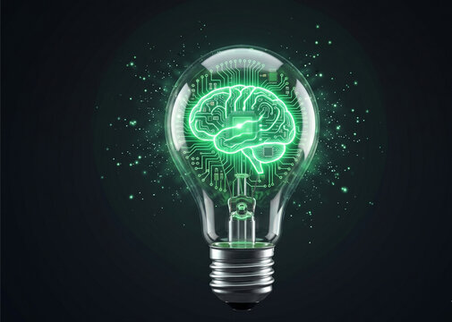 concept of a glowing green circuit board brain inside a lightbulb