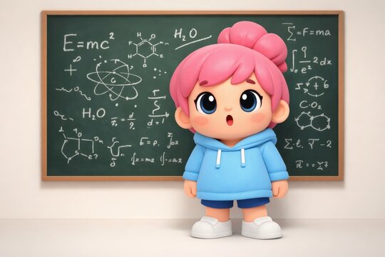 Cute cartoon girl with pink hair in a blue hoodie standing in front of a blackboard with equations
