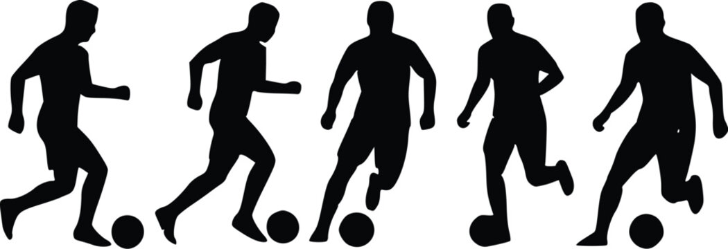 Dynamic black silhouette illustration of five soccer players in motion dribbling a ball
 Adobe Illustrator Artwork 