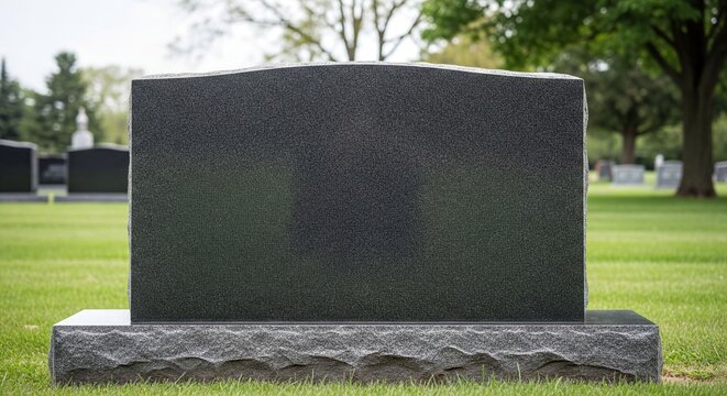 Blank Black Granite Headstone Mockup in Green Cemetery