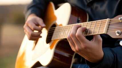 Obraz premium Close-up of hands playing acoustic guitar outdoors