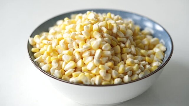 Fresh sweet corn kernels piled in a white bowl, showcasing their bright yellow color and natural texture. A healthy and versatile ingredient for cooking, salads, soups, and snacks