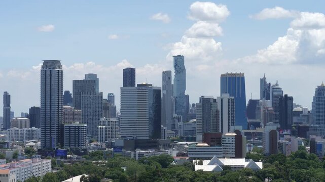 High urban real estate in metropolis. Perspective sky background. City panorama. Top view capital Bangkok, Thailand. Highrise real estate with skyscrapers in downtown